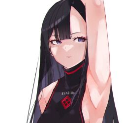 Rule 34 | 1girl, arm up, armpits, asymmetrical bangs, black hair, blue eyes, breasts, closed mouth, clothes writing, colored inner hair, eunhwa (nikke), forehead, goddess of victory: nikke, lips, long hair, medium breasts, multicolored hair, ninchan, purple hair, sideboob, simple background, solo, white background
