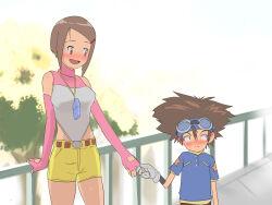 Rule 34 | 1boy, 1girl, age difference, aged down, aged up, blush, breasts, bridge, brother and sister, brown eyes, brown hair, bug, day, detached sleeves, digimon, fingerless gloves, gloves, goggles, goggles on head, highres, incest, looking at another, medium breasts, nervous, red eyes, siblings, star (symbol), sweat, time paradox, yagami hikari, yagami taichi