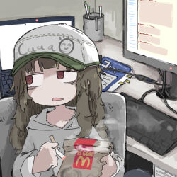 Rule 34 | 1girl, averting eyes, bag, bags under eyes, baseball cap, book, brown hair, cable, cigarette, computer, cup, desk, empty eyes, english text, frown, grey hoodie, hat, highres, holding, holding bag, holding cigarette, hood, hood down, hoodie, imageboard, indoors, computer keyboard, laptop, long hair, long sleeves, mcdonald&#039;s, messy hair, no pupils, on chair, open mouth, original, paper bag, pen, print headwear, red eyes, sitting, smoke trail, solo, torosakana, upper body