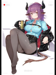 Rule 34 | 1girl, animal ears, arknights, breasts, brown eyes, bursting breasts, cleavage, drink, female focus, grey pantyhose, horns, jacket, large breasts, long hair, looking at viewer, miniskirt, no shoes, open clothes, open jacket, pantyhose, pillarboxed, purple hair, recording, side slit, sideroca (arknights), sitting, skirt, solo, tail, viewfinder, xiaoshou xiansheng