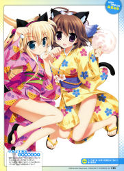 Rule 34 | 2girls, :d, absurdres, animal ears, blonde hair, blue eyes, brown hair, cat ears, cat tail, cotton candy, floral print, food print, fujima takuya, highres, holding, japanese clothes, kimono, legs, long hair, long sleeves, looking at viewer, multiple girls, no panties, open mouth, original, paw pose, purple eyes, sandals, short hair, smile, tail