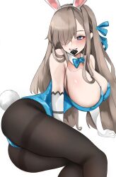 Rule 34 | 1girl, :d, absurdres, animal ears, arm support, ass, asuna (blue archive), asuna (bunny) (blue archive), black pantyhose, blue archive, blue eyes, blue leotard, blush, bow, breasts, cleavage, commentary request, condom, condom in mouth, detached collar, elbow gloves, fake animal ears, fake tail, fte (fifteen 199), gloves, grin, hair over one eye, heart, heart-shaped pupils, highleg, highleg leotard, highres, large breasts, leotard, light brown hair, long hair, looking at viewer, lying, mouth hold, official alternate costume, on side, open mouth, pantyhose, playboy bunny, rabbit ears, rabbit tail, sidelocks, simple background, sleeveless, smile, solo, strapless, strapless leotard, symbol-shaped pupils, tail, twisted torso, white background, white gloves