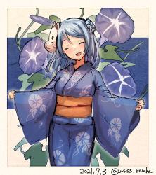 Rule 34 | 1girl, ahoge, blue flower, blue hair, blue kimono, commentary request, cowboy shot, dated, double bun, closed eyes, facing viewer, floral print, flower, fox mask, hair bun, japanese clothes, kantai collection, kimono, mask, mask on head, outstretched arms, solo, twitter username, urakaze (kancolle), wss (nicoseiga19993411), yukata
