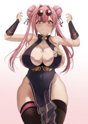 Rule 34 | 1girl, absurdres, arms up, azur lane, bare shoulders, black dress, black thighhighs, blush, bra, bra peek, breasts, bremerton (azur lane), bremerton (kung fu cruiser) (azur lane), china dress, chinese clothes, cleavage, closed mouth, commentary, covered navel, cowboy shot, crossed bangs, double bun, dress, eyewear on head, grey hair, groin, hair between eyes, hair bun, hair intakes, hair ornament, hair ribbon, highres, large breasts, long hair, looking at viewer, mole, mole on breast, mole under eye, multicolored hair, neneneji, official alternate costume, pelvic curtain, pink bra, pink eyes, pink hair, ribbon, round eyewear, sidelocks, simple background, skindentation, sleeveless, sleeveless dress, smile, solo, standing, strapless, strapless bra, streaked hair, sunglasses, thighhighs, tinted eyewear, two-tone hair, underwear, vambraces