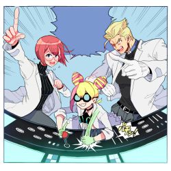 Rule 34 | 1boy, 2girls, bad id, bad pixiv id, blonde hair, blue eyes, blush, controller, glasses, gloves, goggles, goggles on head, green gloves, heris ardebit, joystick, kray foresight, lab coat, lucia fex, multicolored hair, multiple girls, muscular, muscular male, pectorals, pink hair, pointing, promare, ribbed sweater, short hair, sweater, tnaym, two-tone hair, white gloves
