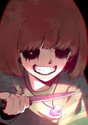 Rule 34 | 1other, brown hair, chara (undertale), chromatic aberration, evil grin, evil smile, glowing, glowing eye, grin, heart, heart necklace, holding, holding knife, jewelry, knife, missing eye, necklace, red eyes, smile, solo, striped clothes, striped sweater, sweater, undertale, upper body, uta (xuyansong1996)