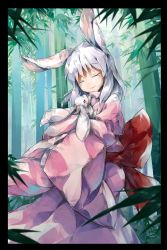 Rule 34 | 1girl, alternate costume, animal, animal ears, animal hug, bamboo, bamboo forest, borrowed character, closed eyes, forest, framed, highres, inaba mob (touhou), japanese clothes, kimono, long sleeves, murachiki, nature, rabbit, rabbit ears, reisen udongein inaba, silver hair, smile, solo, tears, touhou, wide sleeves