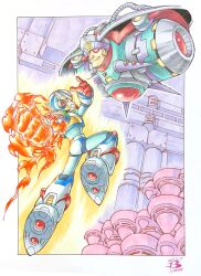 Rule 34 | 2boys, agile (mega man), android, clenched hand, clenched teeth, fire, floating, helmet, highres, in-universe location, male focus, mega man (series), mega man x2, mega man x (series), multiple boys, pn13ban, second armor x (mega man), teeth, x (mega man)
