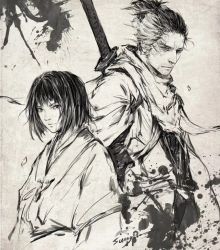 Rule 34 | 2boys, artist name, blood, blood splatter, bob cut, closed mouth, facial hair, greyscale, haori, highres, japanese clothes, katana, kimono, kuro the divine heir, looking at viewer, male focus, messy hair, monochrome, multicolored hair, multiple boys, ponytail, scarf, sekiro, sekiro: shadows die twice, sheath, sheathed, short hair, short ponytail, simple background, sron, standing, streaked hair, stubble, sword, upper body, weapon, weapon on back, white background