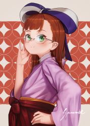 Rule 34 | 10s, 1girl, adjusting eyewear, anne (wixoss), bad id, bad twitter id, blunt bangs, blush, brown hair, closed mouth, from side, glasses, green eyes, hair ribbon, hakama, hakama skirt, hand on own hip, hand up, highres, inactive account, japanese clothes, long hair, long sleeves, looking at viewer, looking to the side, mole, mole under eye, purple ribbon, red hakama, ribbon, rimless eyewear, round eyewear, shamonabe, shippou (pattern), signature, skirt, smile, solo, upper body, wixoss