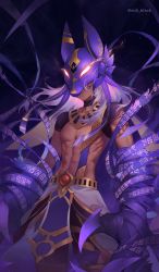 Rule 34 | 1boy, abs, absurdres, animal hat, bandages, claws, closed mouth, commentary, cyno (genshin impact), dark-skinned male, dark skin, egyptian clothes, genshin impact, glowing, hair between eyes, hat, highres, long hair, looking at viewer, male focus, miji black, purple hat, red eyes, short sleeves, simple background, solo, symbol-only commentary, toned, toned male, twitter username, white hair