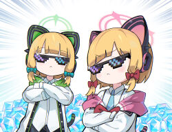 Rule 34 | 2girls, animal ear headphones, animal ears, blonde hair, blue archive, blue bow, blue necktie, blunt bangs, bow, cat ear headphones, closed mouth, commentary, cowboy shot, crossed arms, facing viewer, fake animal ears, green halo, halo, headphones, highres, jacket, long sleeves, low-tied sidelocks, midori (blue archive), momoi (blue archive), morizo (morizoshop), multiple girls, necktie, pink halo, pyroxene (blue archive), red bow, shirt, short hair, siblings, sleeves past wrists, twins, white jacket, white shirt