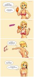 Rule 34 | 1girl, absurdres, android 18, bikini, blonde hair, blue eyes, breasts, cleavage, comic, dragon ball, dragonball z, english text, flirting, highres, looking at viewer, medium breasts, no nut november, nortuet, red bikini, solo, swimsuit, topless, undressing