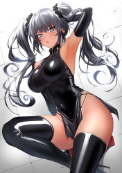 Rule 34 | 1girl, absurdres, arm behind head, arm up, armpits, bare shoulders, black footwear, black gloves, blush, boots, breasts, china dress, chinese clothes, covered navel, dark-skinned female, dark skin, dress, elbow gloves, gloves, gradient background, grey background, grey eyes, grey hair, high heel boots, high heels, highres, large breasts, latex, latex dress, latex gloves, latex legwear, long hair, looking at viewer, open mouth, original, short dress, side slit, slit pupils, solo, tan, thigh boots, thighhighs, thighs, twintails, ulrich (tagaragakuin)