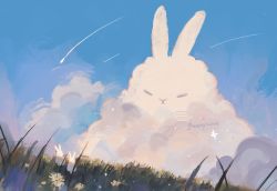 Rule 34 | animal, animal focus, beanynne, rabbit, cloud, commentary, english commentary, flower, grass, highres, no humans, original, scenery, shooting star, signature, sky, white flower