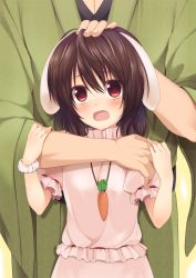 Rule 34 | 1boy, 1girl, :o, animal ears, bad id, bad pixiv id, blouse, blush, breasts, carrot necklace, commentary request, cowboy shot, eyebrows, frilled sleeves, frills, green eyes, hair between eyes, hand on another&#039;s arm, hand on another&#039;s head, hand on another&#039;s shoulder, head out of frame, headpat, hetero, highres, hug, hug from behind, inaba tewi, japanese clothes, jewelry, kimono, long sleeves, looking at viewer, necklace, nnyara, open mouth, pendant, petite, pink shirt, pink skirt, puffy short sleeves, puffy sleeves, rabbit ears, red eyes, ribbon-trimmed sleeves, ribbon trim, scrunchie, shirt, short hair, short sleeves, skirt, small breasts, solo focus, touhou, wide sleeves, wrist scrunchie, yellow background