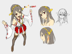 Rule 34 | 10s, 1girl, baffu, character sheet, clenched hands, collarbone, detached sleeves, grey hair, hair ornament, hairband, hairclip, haruna (kancolle), kantai collection, long hair, multiple views, nontraditional miko, open mouth, red eyes, skirt, smile, wide sleeves