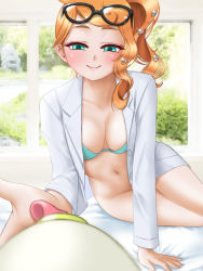 Rule 34 | 1girl, :&gt;, bed, bed sheet, bedroom, belly, blue bra, blush, bra, breasts, buttons, cleavage, closed mouth, coat, collarbone, creatures (company), crop top, female focus, game freak, gen 8 pokemon, glasses, glasses on head, grass, green eyes, hadairo rainbow, hair ornament, hairpin, half-closed eyes, heart, heart hair ornament, highres, lab coat, large breasts, licking, licking hand, looking at viewer, looking down, navel, nintendo, on bed, open mouth, orange hair, panties, pants, pokemon, pokemon swsh, ponytail, sidelocks, smile, solo focus, sonia (pokemon), stomach, swept bangs, thighs, tongue, underwear, unworn panties, unworn pants, unworn shirt, unworn underwear, white coat, window, yamper