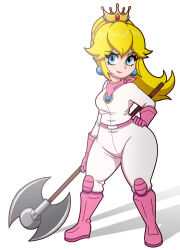 Rule 34 | 1girl, axe, biker clothes, biker peach, bikesuit, blonde hair, blue eyes, bodysuit, boots, commentary, crown, earrings, english commentary, gloves, hand on own hip, highres, holding, holding axe, jewelry, lipstick, long hair, makeup, mario (series), nintendo, pink gloves, princess peach, sidelocks, skin tight, smile, solo, standing, the super mario bros. movie, thick thighs, thighs, tonyneely, white bodysuit, wide hips
