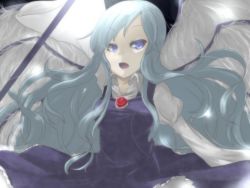 Rule 34 | 1girl, angel, angel wings, bad id, bad pixiv id, blue eyes, blue hair, dress, female focus, highly responsive to prayers, long hair, matching hair/eyes, open mouth, sariel (touhou), shiro1350, solo, touhou, touhou (pc-98), very long hair, wings