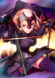 Rule 34 | 1girl, akisa yositake, armor, blonde hair, blood, blue eyes, breasts, clenched teeth, fate/grand order, fate (series), flag, headpiece, heterochromia, highres, jeanne d&#039;arc (fate), jeanne d&#039;arc alter (avenger) (fate), jeanne d&#039;arc alter (avenger) (first ascension) (fate), jeanne d&#039;arc alter (fate), long hair, looking at viewer, ruler (fate/grand order), solo, sword, teeth, weapon, yellow eyes