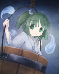 Rule 34 | 1girl, blue background, bucket, gradient background, green eyes, green hair, hair bobbles, hair ornament, hidarikata, hitodama, in bucket, in container, japanese clothes, kimono, kisume, looking at viewer, matching hair/eyes, short hair, simple background, smile, solo, touhou, twintails