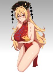 Rule 34 | 1girl, absurdres, bare shoulders, black hat, blonde hair, blush, breasts, china dress, chinese clothes, crescent, dress, hair between eyes, hand up, hat, highres, holding, junko (touhou), large breasts, legs, long hair, looking at viewer, no panties, open mouth, pom pom (clothes), red dress, red eyes, sleeveless, solo, tabard, touhou, wuwusan