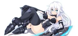 Rule 34 | 1girl, bare shoulders, black heart (neptunia), black thighhighs, blue eyes, breasts, cleavage, covered navel, elbow gloves, gloves, holding, holding weapon, iwashi dorobou -r-, long hair, looking at viewer, medium breasts, neptune (series), noire (neptunia), simple background, smile, solo, symbol-shaped pupils, thighhighs, very long hair, weapon, white background, white hair