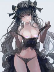 Rule 34 | 1girl, :o, arcaea, bad id, bad pixiv id, bare shoulders, black bow, black choker, black dress, black hair, black panties, blush, bow, bow panties, breasts, brown gloves, cameltoe, censored, choker, cleavage, collarbone, commentary, dress, elbow gloves, english commentary, english text, frilled dress, frills, gloves, grey background, grey eyes, hair bow, hair ornament, hands up, highres, long hair, looking at viewer, medium breasts, navel, novelty censor, panties, parted lips, pulled by self, simple background, solo, spade hair ornament, standing, strap pull, striped, striped bow, tairitsu (arcaea), tandohark, twintails, underwear, very long hair