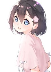 Rule 34 | 1girl, :d, blue eyes, blush, bow, brown hair, commentary request, flower, hair between eyes, hair flower, hair ornament, hairclip, highres, looking at viewer, looking to the side, open mouth, original, pink flower, pink shirt, shirt, short sleeves, simple background, smile, solo, suzunari shizuku, upper body, white background, white bow, wide sleeves, yuki arare