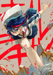Rule 34 | 10s, 1girl, angry, bag, bent over, black hair, blood, blood on face, blood splatter, blue eyes, blue hair, blue skirt, breasts, cleavage, downblouse, flipped hair, foreshortening, ground shatter, hair between eyes, highres, holding, isaki uta, jacket, kill la kill, legs, letterman jacket, looking at viewer, matoi ryuuko, miniskirt, multicolored hair, neck ribbon, open clothes, open jacket, outstretched arm, pleated skirt, red hair, ribbon, rock, running, school bag, school uniform, shirt, shoes, short hair, skirt, sleeves rolled up, sneakers, ta (isaki), track jacket, tsurime, two-tone hair