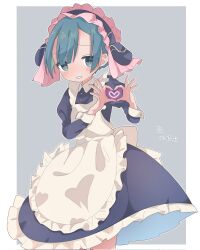 Rule 34 | 1boy, androgynous, apron, back bow, blue background, blue dress, blue eyes, blue hair, blush, border, bow, buttons, dress, frilled apron, frilled dress, frills, heart, heart hands, highres, looking at viewer, made in abyss, maid, maid apron, maid headdress, male focus, maruruk, nervous smile, short hair, smile, solo, teeth, trap, uis0, white apron, white border, white bow, yellow pupils