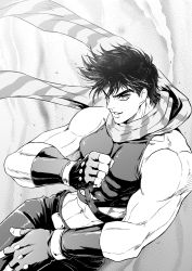 Rule 34 | 1boy, bare shoulders, battle tendency, belt, clenched hand, commentary request, crop top, fingerless gloves, gloves, greyscale, jojo no kimyou na bouken, joseph joestar, joseph joestar (young), looking at viewer, male focus, midriff, monochrome, muscular, navel, pants, scarf, short hair, sleeveless, smile, solo, striped clothes, striped scarf, sumo (komokomo1201), tank top, tight clothes