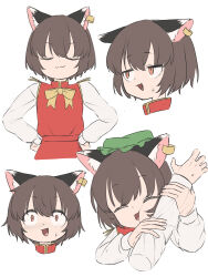 Rule 34 | 1girl, 1other, absurdres, animal ear fluff, animal ear piercing, animal ears, arm hug, asakura haru, black hair, blush, bow, bowtie, cat ears, cat girl, cheek press, chen, closed eyes, disembodied hand, earrings, expressions, flat color, green hat, hands on own hips, hat, highres, jewelry, jitome, long sleeves, mob cap, open mouth, short hair, simple background, single earring, sweatdrop, touhou, white background, white sleeves, wide-eyed, yellow bow, yellow bowtie