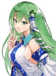 Rule 34 | 1girl, :d, bad id, bad pixiv id, bare shoulders, breasts, commentary request, detached sleeves, frog hair ornament, green eyes, green hair, hair between eyes, hair ornament, hair tubes, hand up, highres, kochiya sanae, large breasts, long hair, long sleeves, looking at viewer, open mouth, shirt, sideboob, sidelocks, simple background, smile, snake hair ornament, solo, suminagashi, touhou, upper body, w, white background, white shirt