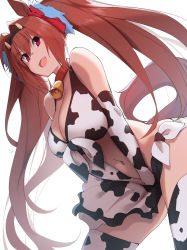 Rule 34 | 1girl, animal ears, animal print, bare shoulders, bell, bikini, blush, bow, breasts, brown hair, cleavage, collar, cow horns, cow print, cowbell, daiwa scarlet (umamusume), elbow gloves, gloves, hair bow, hair intakes, hairband, highres, horns, horse ears, horse girl, horse tail, kuronyan, large breasts, long hair, looking at viewer, miniskirt, navel, neck bell, open mouth, red bow, red eyes, skirt, smile, solo, swimsuit, tail, thighhighs, thighs, twintails, umamusume, very long hair, white bikini, white gloves, white skirt, white thighhighs