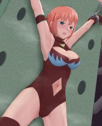 Rule 34 | 1girl, armpits, blue eyes, blush, breasts, chain, chained, cleavage, from below, gloves, highres, leotard, navel, open mouth, original, outstretched arms, pusilapusila, red hair, restrained, short hair, spread arms, spread legs, sweat, thighs, tickling, x-cross (bdsm)
