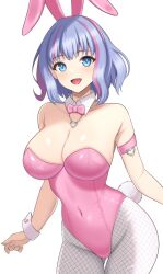 Rule 34 | 1girl, animal ears, armpit crease, bare shoulders, blue eyes, blue hair, bob cut, bow, bowtie, breasts, cleavage, collar, collarbone, covered navel, detached collar, dolphin wave, fanged bangs, fingernails, fishnet pantyhose, fishnets, heart collar, heart o-ring, highleg, highleg leotard, highres, kukuri tomo, large breasts, leotard, light blue hair, looking at viewer, multicolored hair, open mouth, pantyhose, pink armband, pink bow, pink bowtie, pink hair, pink headwear, pink leotard, playboy bunny, rabbit ears, rabbit tail, simple background, smile, solo, strapless, strapless leotard, streaked hair, surippa1010, tail, thighs, two-tone hair, white background, white collar, white pantyhose, white wrist cuffs, wrist cuffs