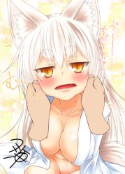 Rule 34 | 1girl, animal ear fluff, animal ears, blush, breasts, cheek pull, cleavage, collarbone, disembodied hand, fangs, fox ears, kohaku (yua), large breasts, long hair, looking at viewer, naked shirt, open clothes, open mouth, open shirt, orange eyes, original, shirt, signature, slit pupils, solo, translated, white hair, white shirt, yua (checkmate)