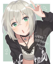 Rule 34 | 1girl, aoba moca, bang dream!, black choker, black jacket, character name, choker, clothes writing, crop top, cross-laced clothes, crossed bangs, dated, drawstring, green eyes, grey hair, hair between eyes, happy birthday, heart, highres, jacket, jewelry, long sleeves, looking at viewer, navel, open mouth, outline, paint stains, pendant, short hair, solo, splatter print, unapoppo, upper body, v, white outline