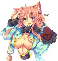 Rule 34 | 1girl, animal ears, blue dress, blue eyes, blush, breasts, cat ears, cat girl, cleavage, cleavage cutout, clothing cutout, dress, female focus, iroyopon, large breasts, long sleeves, looking at viewer, navel, open mouth, original, red hair, simple background, smile, solo, white background