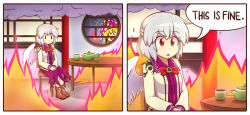 Rule 34 | +++, 2girls, :d, angel wings, blonde hair, blush stickers, bow, bowtie, burning, burning building, chair, clownpiece, cup, english text, fire, gunshow (comic), hat, jacket, jester cap, kishin sagume, meme, multiple girls, open clothes, open jacket, open mouth, parody, purple eyes, red bow, red eyes, round window, silver hair, single wing, sitting, smile, smoke, table, teacup, teapot, this is fine (meme), torch, touhou, window, wings, wool (miwol), yunomi, | |