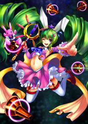 Rule 34 | 1girl, absurdres, animal ears, bad id, bad pixiv id, drill hair, green hair, highres, long hair, one eye closed, original, pink eyes, ponytail, rabbit, rabbit ears, smile, solo, space, star (symbol), thighhighs, urkaze (urture), very long hair, wand, white thighhighs