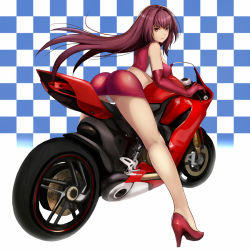 Rule 34 | 1girl, alternate costume, ass, bad id, bad pixiv id, bare legs, breasts, cameltoe, checkered background, closed mouth, crotch seam, eyebrows, fate/grand order, fate (series), floating hair, from behind, full body, gloves, high heels, jilllxlxl, large breasts, leaning forward, long hair, looking at viewer, looking back, midriff, miniskirt, motor vehicle, motorcycle, panties, pantyshot, pink lips, purple hair, race queen, red eyes, red footwear, red gloves, red skirt, riding, scathach (fate), shoes, skirt, sleeveless, solo, underwear, upskirt, vehicle, white panties