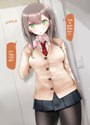 Rule 34 | 1girl, black pantyhose, blush, breasts, brown hair, cardigan, commentary, green eyes, hard-translated, long hair, looking at viewer, necktie, oouso, original, pantyhose, parted lips, pleated skirt, school uniform, skirt, solo, sweatdrop, third-party edit, translated