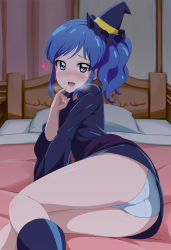 Rule 34 | 1girl, absurdres, acchi (koiyimknp), aikatsu!, aikatsu! (series), ass, bed, blue eyes, blue hair, blush, boots, dark room, dress, finger to mouth, halloween, hat, heart, heart-shaped pupils, highres, kiriya aoi, knee boots, long hair, long sleeves, looking at viewer, nose blush, on bed, open mouth, panties, pillow, pinky out, sash, shadow, short dress, side ponytail, sitting, smile, solo, sweatdrop, symbol-shaped pupils, thighs, underwear, wavy hair, white panties, witch, witch hat, yokozuwari