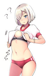 Rule 34 | 1girl, ?, blue eyes, blush, bra, breasts, buruma, collarbone, commentary request, cowboy shot, groin, gym shirt, gym uniform, hair between eyes, hair ornament, hair over one eye, hairclip, hamakaze (kancolle), ippongui, kantai collection, lace, lace-trimmed bra, lace trim, large breasts, name tag, navel, open mouth, red buruma, school uniform, shirt, short hair, short sleeves, shorts, silver hair, simple background, skindentation, solo, standing, sweatdrop, underwear, white background, white shirt