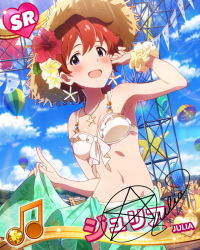 Rule 34 | 10s, 1girl, artist request, beamed quavers, bikini, blue eyes, character name, clothes lift, earrings, faceless, faceless male, flower, hair flower, hair ornament, hat, idolmaster, idolmaster million live!, jewelry, julia (idolmaster), midriff, musical note, necklace, official art, red hair, sarong, sarong lift, scrunchie, short hair, signature, solo focus, straw hat, swimsuit, wrist scrunchie