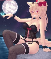 Rule 34 | 1girl, animal ear fluff, animal ears, arm garter, bare shoulders, black thighhighs, blonde hair, blush, bow, breasts, bug, butterfly, butterfly on hand, cat ears, cat tail, cleavage, collarbone, corset, fishnet thighhighs, fishnets, floral print, flower, full moon, garter straps, grin, hair bow, hair flower, hair ornament, highres, insect, large breasts, long hair, looking at viewer, moon, night, nottytiffy, original, outdoors, outstretched arm, panties, ponytail, red eyes, rose, sky, slit pupils, smile, solo, star (sky), starry sky, strapless, tail, thighhighs, tiffy (nottytiffy), underwear, water, watermark, web address