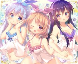 Rule 34 | 3girls, :d, :o, ;d, bare shoulders, blue bow, blue eyes, blue hair, blue hairband, blue panties, blush, bow, breasts, camisole, cleavage, collarbone, commentary request, cowboy shot, floral background, flower, frilled panties, frills, gochuumon wa usagi desu ka?, groin, hair between eyes, hair bow, hair down, hair ornament, hairband, hairclip, hand on another&#039;s hip, hands on own cheeks, hands on own face, hoto cocoa, kafuu chino, leaning forward, light blue hair, locked arms, long hair, looking at viewer, medium breasts, midriff, mitsumomo mamu, multiple girls, navel, one eye closed, open mouth, orange eyes, orange hair, panties, pink bow, pink hairband, pink panties, purple bow, purple eyes, purple hair, purple hairband, purple panties, sidelocks, small breasts, smile, striped, striped bow, tedeza rize, underwear, x hair ornament
